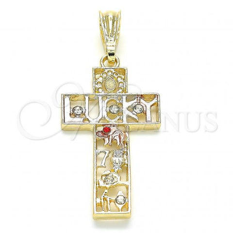 Oro Laminado Religious Pendant, Gold Filled Style Cross and Owl Design, with Garnet and White Crystal, Polished, Tricolor, 05.351.0058