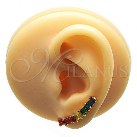 Oro Laminado Earcuff Earring, Gold Filled Style with Multicolor Cubic Zirconia, Polished, Golden Finish, 02.210.0732.1