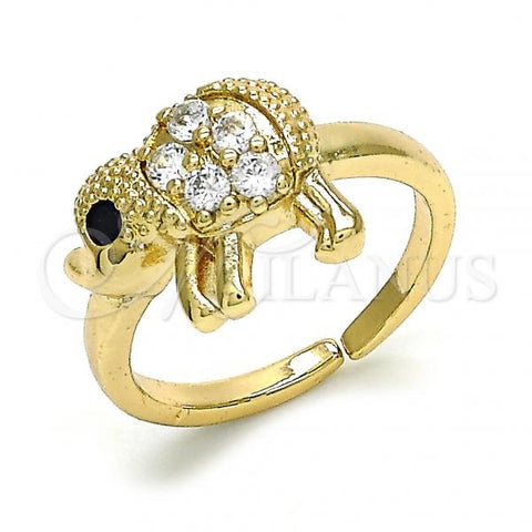 Oro Laminado Multi Stone Ring, Gold Filled Style Elephant Design, with White and Black Cubic Zirconia, Polished, Golden Finish, 01.210.0088 (One size fits all)