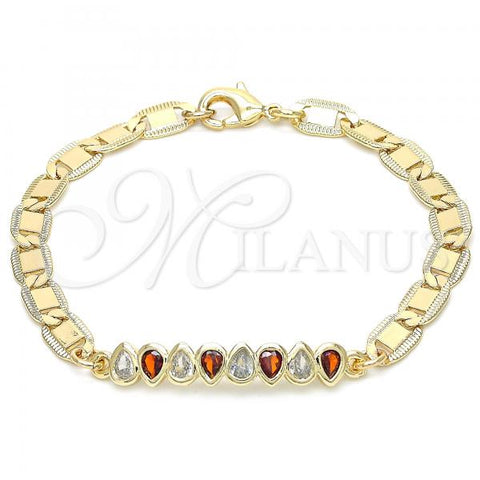 Oro Laminado Fancy Bracelet, Gold Filled Style Teardrop Design, with Garnet and White Cubic Zirconia, Polished, Golden Finish, 03.63.2151.1.07