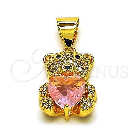 Oro Laminado Fancy Pendant, Gold Filled Style Teddy Bear and Heart Design, with Pink Cubic Zirconia and White Micro Pave, Polished, Golden Finish, 05.342.0165.1