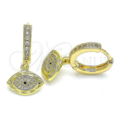 Oro Laminado Huggie Hoop, Gold Filled Style Evil Eye Design, with Blue Topaz and White Micro Pave, Polished, Golden Finish, 02.368.0009.15