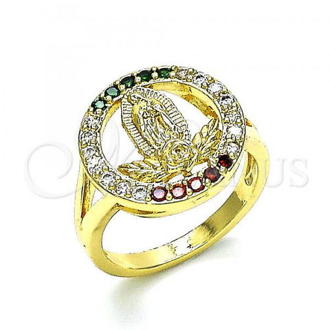 Oro Laminado Multi Stone Ring, Gold Filled Style Guadalupe and Flower Design, with Multicolor Cubic Zirconia, Polished, Golden Finish, 01.380.0026.1.09