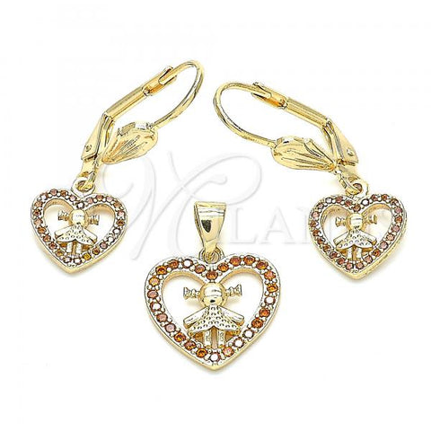 Oro Laminado Earring and Pendant Adult Set, Gold Filled Style Heart and Little Girl Design, with Garnet Cubic Zirconia, Polished, Golden Finish, 10.156.0221.1