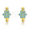 Oro Laminado Huggie Hoop, Gold Filled Style Flower Design, with Aqua Blue Cubic Zirconia, Polished, Golden Finish, 02.210.0497.1.15
