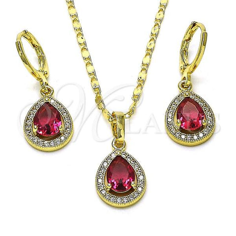 Oro Laminado Earring and Pendant Adult Set, Gold Filled Style Teardrop and Cluster Design, with Ruby Cubic Zirconia and White Micro Pave, Polished, Golden Finish, 10.196.0142.1