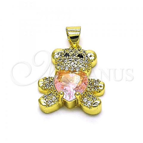 Oro Laminado Fancy Pendant, Gold Filled Style Teddy Bear and Heart Design, with Pink Cubic Zirconia and White Micro Pave, Polished, Golden Finish, 05.381.0001.5