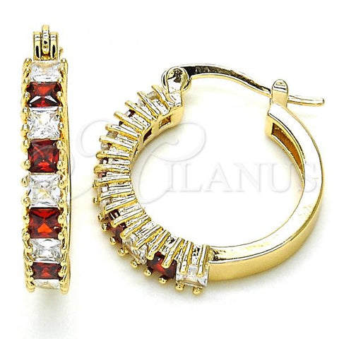 Oro Laminado Small Hoop, Gold Filled Style with Garnet and White Cubic Zirconia, Polished, Golden Finish, 02.210.0281.1.20