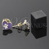 Oro Laminado Stud Earring, Gold Filled Style Heart and Flower Design, with White Crystal, Purple Enamel Finish, Golden Finish, 02.64.0277 *PROMO*