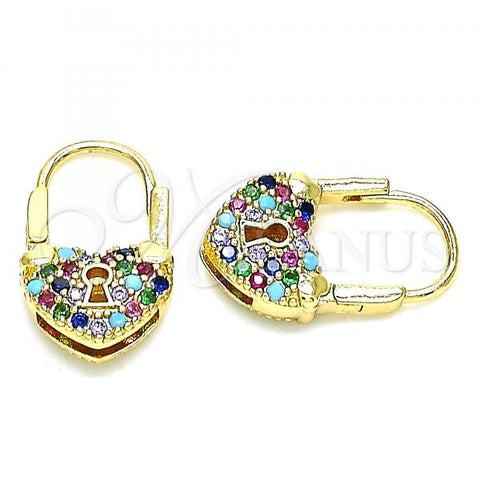 Oro Laminado Small Hoop, Gold Filled Style Lock and Heart Design, with Multicolor Micro Pave, Polished, Golden Finish, 02.341.0056.3.12