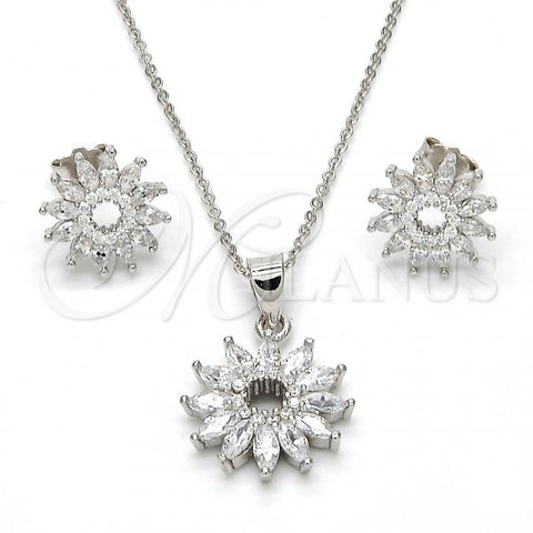 Sterling Silver Earring and Pendant Adult Set, Flower Design, with White Cubic Zirconia and White Crystal, Polished, Rhodium Finish, 10.174.0274