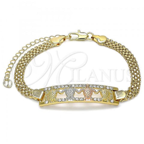 Oro Laminado Fancy Bracelet, Gold Filled Style Turtle Design, with White Crystal, Polished, Tricolor, 03.380.0027.08