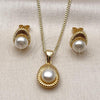 Oro Laminado Earring and Pendant Adult Set, Gold Filled Style Teardrop Design, with Ivory Pearl, Polished, Golden Finish, 10.342.0253