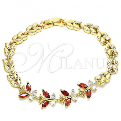 Oro Laminado Fancy Bracelet, Gold Filled Style Butterfly and Leaf Design, with Garnet and White Cubic Zirconia, Polished, Golden Finish, 03.210.0135.08
