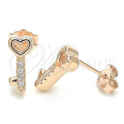 Sterling Silver Stud Earring, key Design, with White Cubic Zirconia, Polished, Rose Gold Finish, 02.336.0145.1