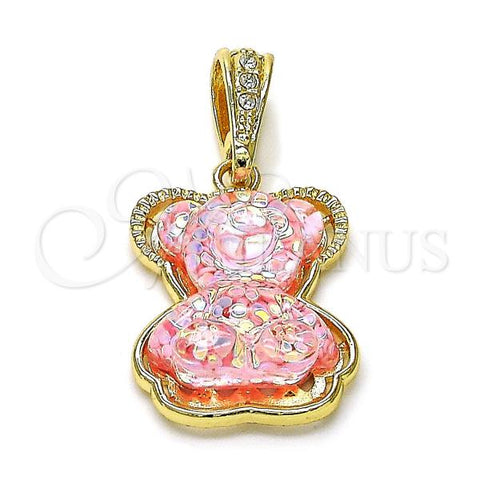 Oro Laminado Fancy Pendant, Gold Filled Style Teddy Bear Design, with Pink and White Crystal, Polished, Golden Finish, 05.196.0009.1