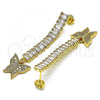 Oro Laminado Long Earring, Gold Filled Style Butterfly Design, with White Cubic Zirconia and White Micro Pave, Polished, Golden Finish, 02.283.0039