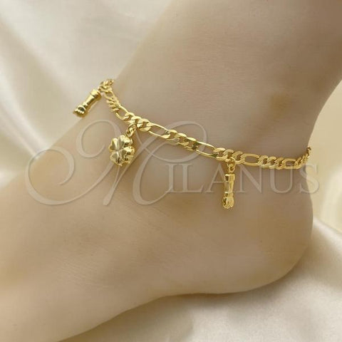 Oro Laminado Charm Anklet , Gold Filled Style Figa Hand and Four-leaf Clover Design, Polished, Golden Finish, 03.32.0608.10