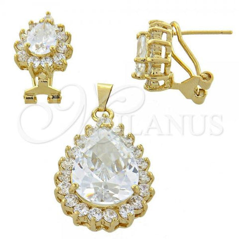Oro Laminado Earring and Pendant Adult Set, Gold Filled Style Teardrop Design, with  Cubic Zirconia, Golden Finish, 5.055.004