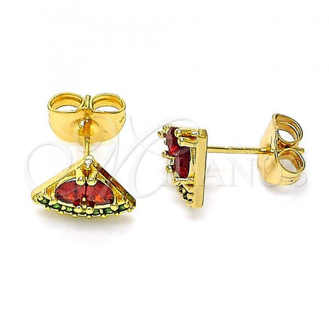 Oro Laminado Stud Earring, Gold Filled Style Watermelon and Teardrop Design, with Garnet Cubic Zirconia and Green Micro Pave, Polished, Golden Finish, 02.310.0072