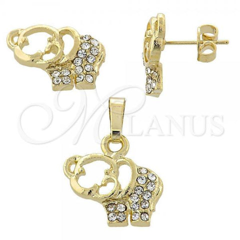 Oro Laminado Earring and Pendant Adult Set, Gold Filled Style Elephant Design, with White Crystal, Polished, Golden Finish, 10.164.0008