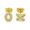 Oro Laminado Stud Earring, Gold Filled Style Initials Design, with White Micro Pave, Polished, Golden Finish, 02.156.0578