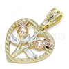 Oro Laminado Fancy Pendant, Gold Filled Style Heart and Flower Design, Polished, Tricolor, 05.351.0112.1