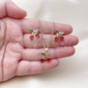 Oro Laminado Earring and Pendant Adult Set, Gold Filled Style Cherry Design, with Garnet and Green Cubic Zirconia, Polished, Golden Finish, 10.283.0025