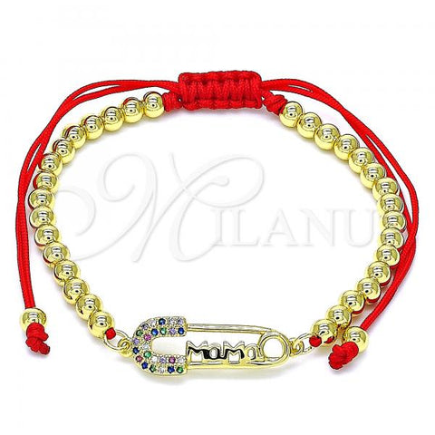 Oro Laminado Adjustable Bolo Bracelet, Gold Filled Style Paperclip and Ball Design, with Multicolor Micro Pave, Polished, Golden Finish, 03.341.0161.11