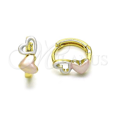 Oro Laminado Huggie Hoop, Gold Filled Style Heart Design, Polished, Tricolor, 02.213.0610.12