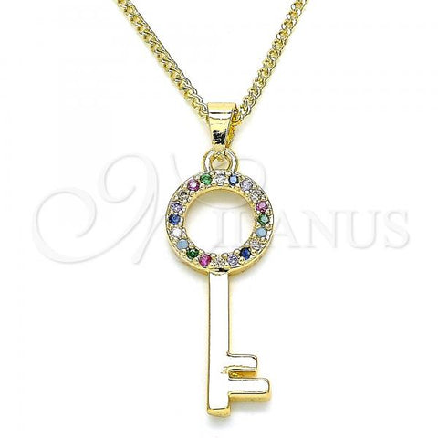 Oro Laminado Pendant Necklace, Gold Filled Style key Design, with Multicolor Micro Pave, Polished, Golden Finish, 04.344.0010.2.20