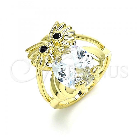 Oro Laminado Multi Stone Ring, Gold Filled Style Owl Design, with White and Black Cubic Zirconia, Polished, Golden Finish, 01.380.0016.08
