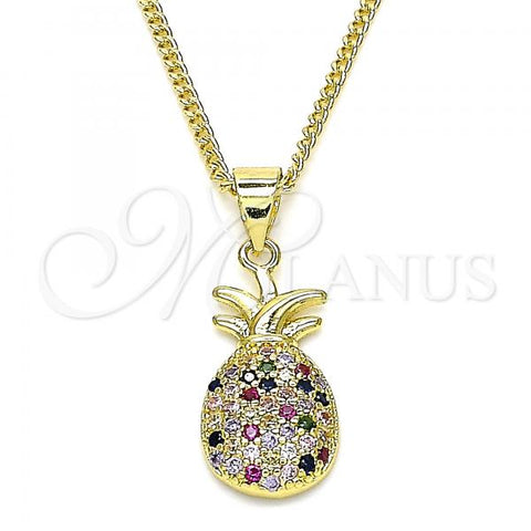 Oro Laminado Pendant Necklace, Gold Filled Style Pineapple Design, with Multicolor Micro Pave, Polished, Golden Finish, 04.156.0391.1.18