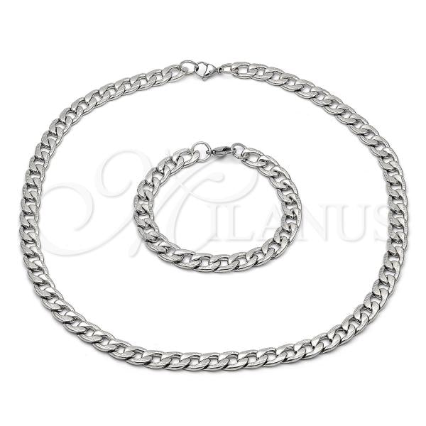 Stainless Steel Necklace and Bracelet, Pave Cuban Design, Diamond Cutting Finish, Steel Finish, 06.116.0024