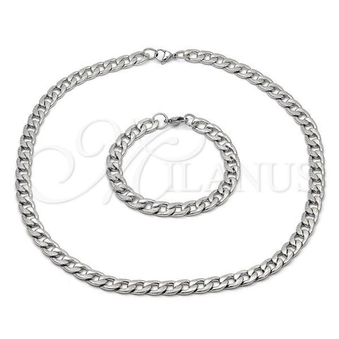 Stainless Steel Necklace and Bracelet, Pave Cuban Design, Diamond Cutting Finish, Steel Finish, 06.116.0024