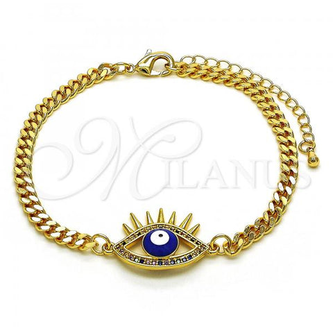 Oro Laminado Fancy Bracelet, Gold Filled Style Evil Eye Design, with Multicolor Micro Pave, Blue Enamel Finish, Golden Finish, 03.341.0176.2.08
