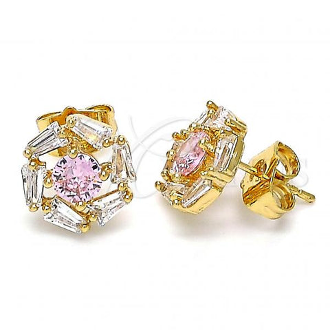 Oro Laminado Stud Earring, Gold Filled Style with Pink and White Cubic Zirconia, Polished, Golden Finish, 02.387.0017