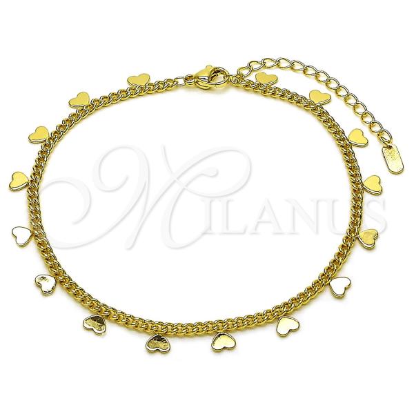 Oro Laminado Fancy Anklet, Gold Filled Style Heart and Miami Cuban Design, Polished, Golden Finish, 03.213.0365.10