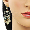 Oro Laminado Long Earring, Gold Filled Style Heart Design, with Turquoise and White Crystal, Polished, Golden Finish, 02.414.0010