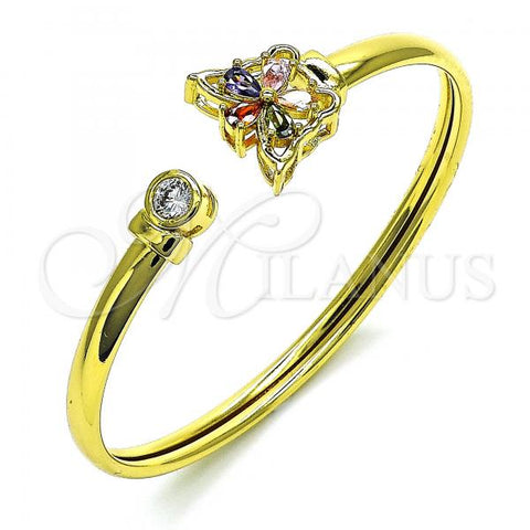 Oro Laminado Individual Bangle, Gold Filled Style Butterfly and Flower Design, with Multicolor Cubic Zirconia, Polished, Golden Finish, 07.381.0019