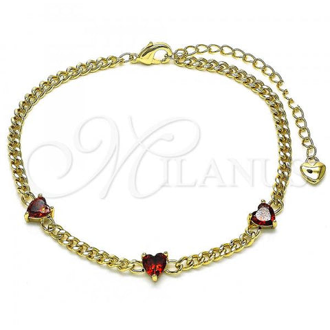Oro Laminado Fancy Bracelet, Gold Filled Style Heart and Miami Cuban Design, with Garnet Cubic Zirconia, Polished, Golden Finish, 03.213.0184.5.07