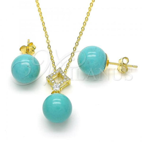 Sterling Silver Earring and Pendant Adult Set, Ball Design, with White Cubic Zirconia, Polished, Golden Finish, 10.63.0595