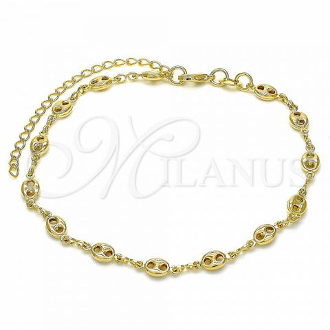 Oro Laminado Fancy Anklet, Gold Filled Style Puff Mariner Design, Polished, Golden Finish, 04.09.0185.10