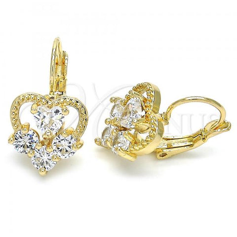 Oro Laminado Leverback Earring, Gold Filled Style Heart Design, with White Cubic Zirconia, Polished, Golden Finish, 02.210.0222