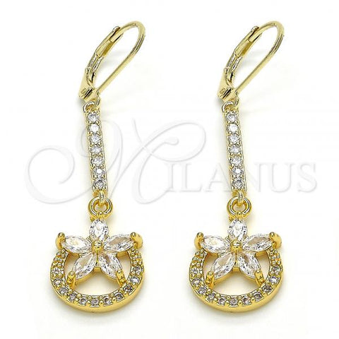 Oro Laminado Long Earring, Gold Filled Style Flower Design, with White Cubic Zirconia, Polished, Golden Finish, 02.236.0037