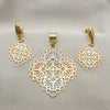 Oro Laminado Earring and Pendant Adult Set, Gold Filled Style Tricolor, 5.048.004