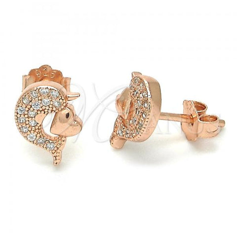 Sterling Silver Stud Earring, Dolphin and Heart Design, with White Micro Pave, Polished, Rose Gold Finish, 02.174.0076.1