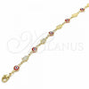 Oro Laminado Fancy Anklet, Gold Filled Style Evil Eye and Hand of God Design, Red Resin Finish, Golden Finish, 03.326.0007.10