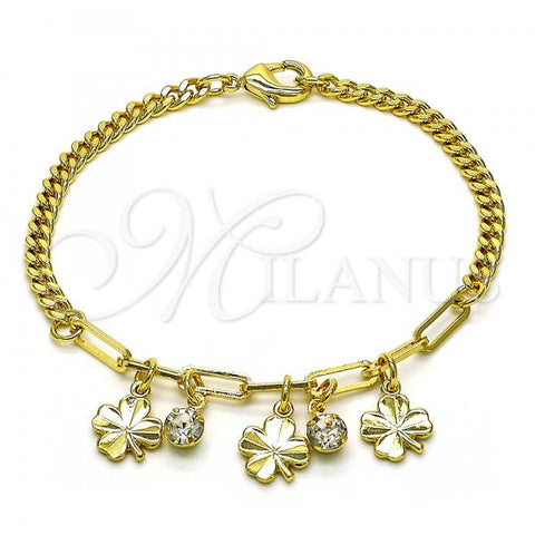 Oro Laminado Charm Bracelet, Gold Filled Style Four-leaf Clover and Paperclip Design, with White Crystal, Polished, Golden Finish, 03.63.2242.07