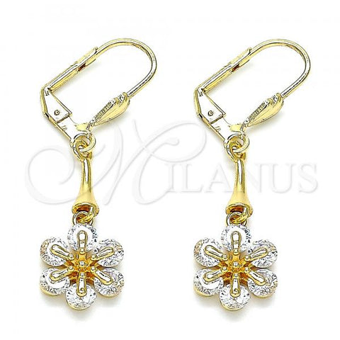 Oro Laminado Long Earring, Gold Filled Style Flower Design, with White Cubic Zirconia, Polished, Golden Finish, 02.387.0050